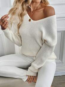 SHEIN Unity New V-Neck Bowknot Back Loose Casual Knit Pullover Sweater For Women Knit Pullover Fall Winter - Apricot - View 6