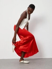 TRNVIE 1件装女士性感低腰缎面鱼尾裙，适合派对和圣诞节穿着 - 紅色 - 查看 3