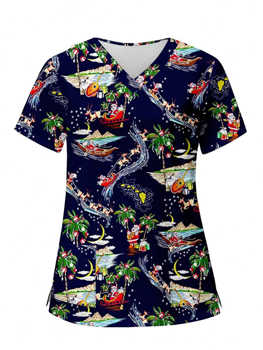 SHEIN TaskFit Plus Size Women's Cute Cartoon Santa Claus Print Short