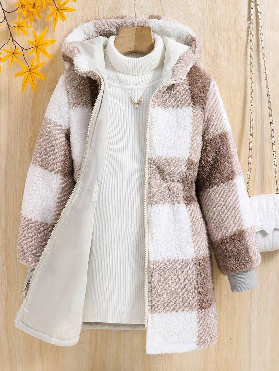 SHEIN Tween Girl Casual Plaid Front Zipper Long Sleeve Hooded Jacket - Khaki - View 1