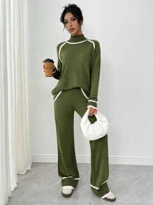 Pariaura 2pcs Women Set, Regular Raglan White And Striped Trim Sweater - Army Green - View 7