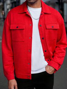Manfinity Homme Loose Fit Men's Quilted Jacket With Flap Pockets, Men Red Shirt Jacket, Red Quilted Jacket Men, Men Red Overshirt, For Fall - Red - View 4