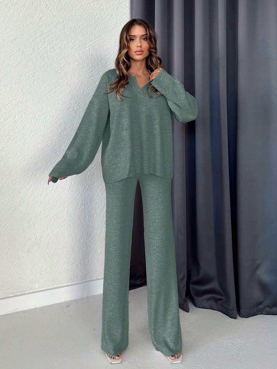 SHEIN Cottnline 2pcs Women Set, Solid Color V-Neck Long Sleeve Simple Blouse And Pants - Mint Green - View 1