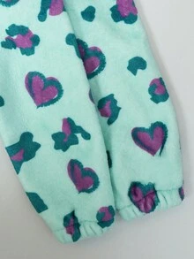 SHEIN 年轻女孩薄荷绿色爱心与恐龙 3D 图案连帽长袖连身裤，毛绒家居服 - 薄荷綠 - 查看 7