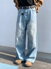 Manfinity Hypemode Men's Light Blue Washed Wide Leg Jeans, Long Oversize Jeans, For Husband, Boyfriend Gifts
