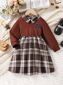 SHEIN Young Girl Vintage Letter Print Long Sleeve Splice Ruffle Collared Top + Vintage Plaid Splice A-Line Dress 2pcs Set - Brown - View 1