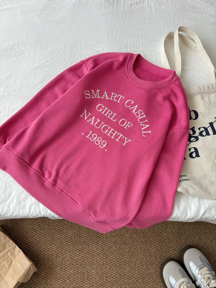 DAZY Girls' Round Neck Letter Embroidered Knitted Sweatshirt, Fall - Hot Pink - View 1