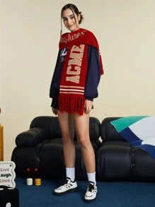 LOONEY TUNES X SHEIN 1 件红色字母加厚保暖流苏围巾 - 紅色 - 查看 3