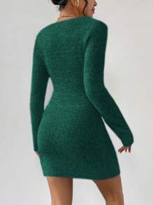 Chiquease 1pc Women Solid Color Round Neck Long Sleeve Short Casual Dress - Dark Green - View 2