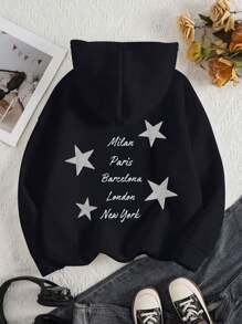 Teen Girl Casual Everyday Letter And Star Print Hooded Sweatshirt, Autumn