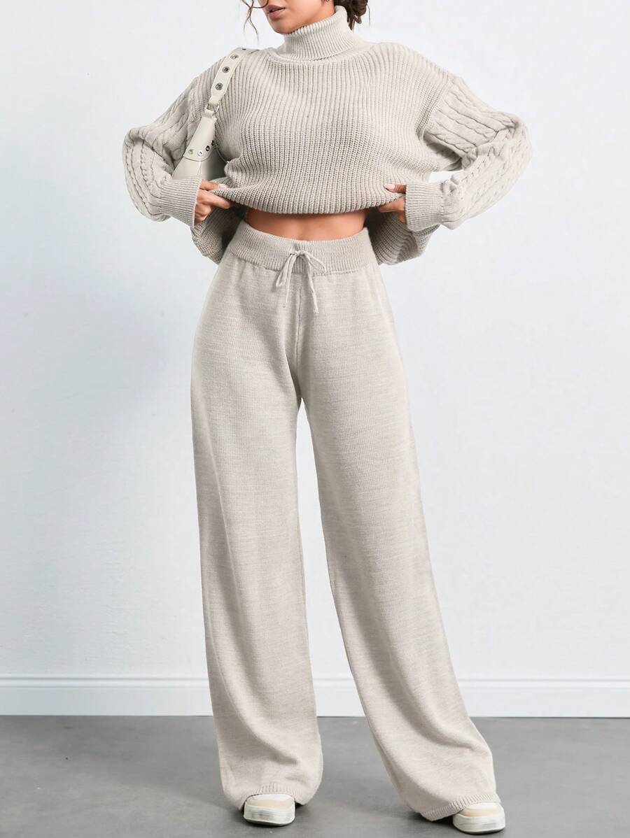 Set Maglione E Pantaloni A Gamba Larga Donna In Maglia - Completo Casual 2 Pezzi Con Vita Alta