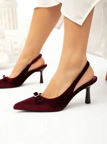 CUCCOO CHICEST Women's Rhinestone Decor Bow Pointy Toe Stilettos, Elegant Velvet High Heels, Burgundy Color, Suitable For Daily, Christmas, Valentine's Day, New Year, Date, Party, Formal Occasions - Burgundy - View 5