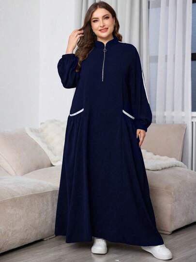 Al Najma New Women Plus Size Casual Detailed Large Pocket Zipper Comfortable Loose Black Dress, Modest Casual Tunic Dresses, For Casual Daily/At Home/Sport Maxi Women Outfit Fall Cloth For Women