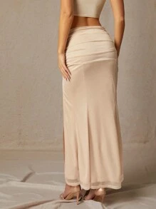 L'Amorae Women Solid Color Pleated Split A-Line Skirt, Casual Everyday Wear