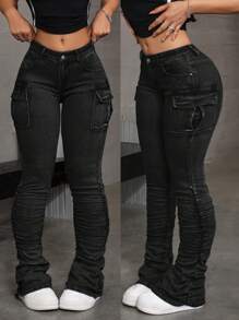 SHEIN ICON Women's Fashion Cargo Pocket Pleated Denim Jeans