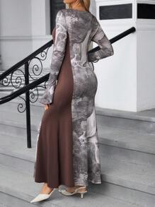 SHEIN Vestido de maternidad con cuello y mangas con volantes elegantes, cintura ajustada con lazo, estampado de pintura de paisaje, moda para salidas, sesiones de fotos, té por la tarde, para fiestas