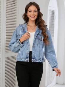 SHEIN 孕妇装前扣长袖口袋简约休闲牛仔连帽夹克