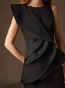 MOTF PREMIUM SOLID LAYERED RUFFLE TRIM PEPLUM WAIST MIDI DRESS - Black - View 10