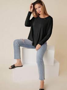 EURMUSE Drop Shoulder Solid Tee - Black - View 3