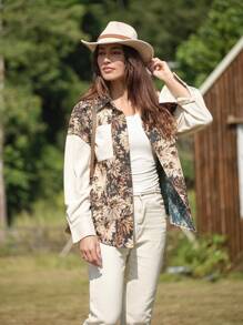 LanaWest 1 pieza Chaqueta casual de cuello camisero con manga larga, hombros caídos y parche de jacquard para otoño