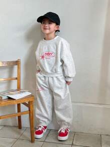 Dazy Kids 两件套女童圆领针织抓绒印花套装，秋冬款 - 灰色 - 查看 5