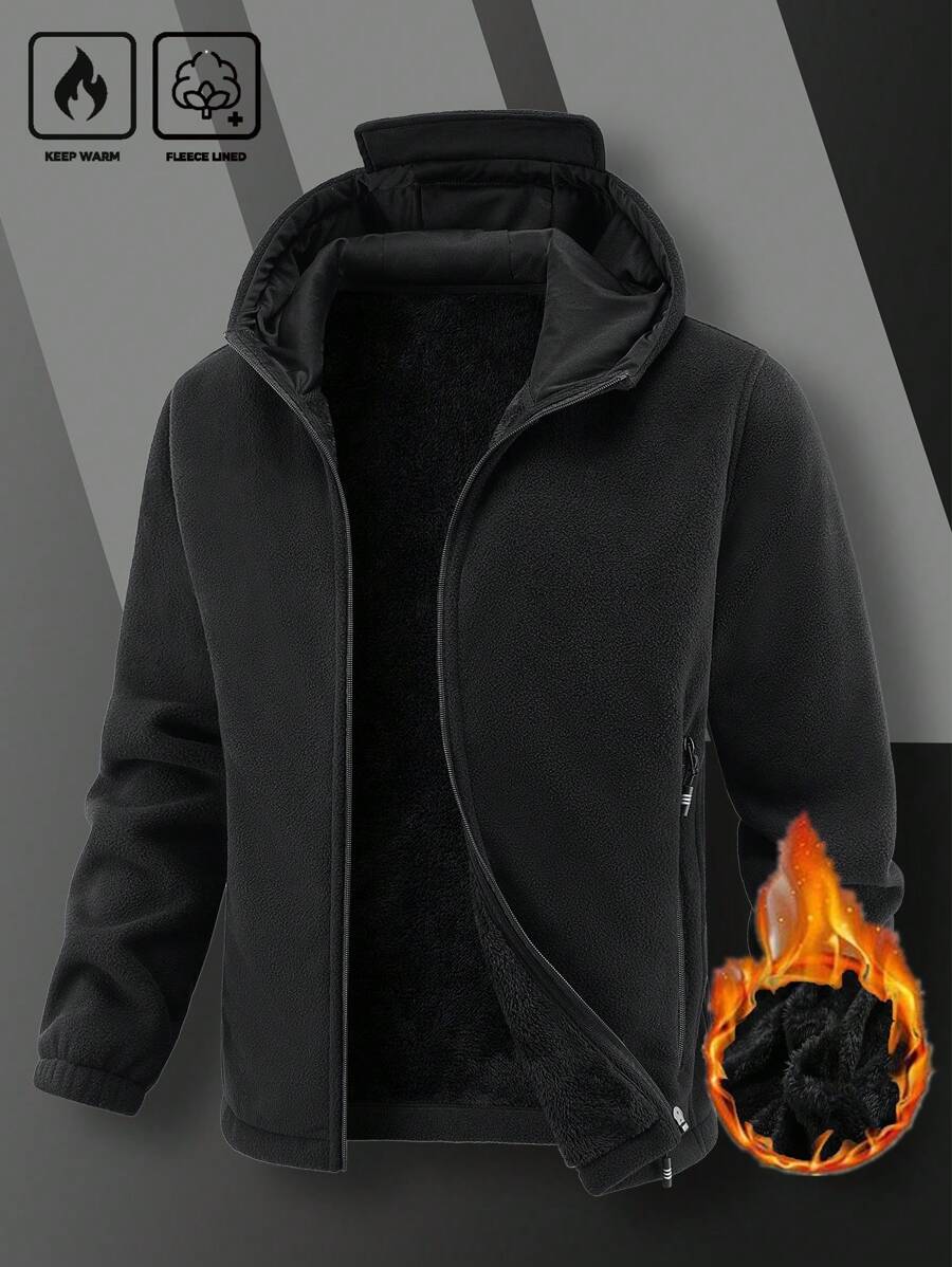 Manfinity Homme Men's Black Hooded Fleece Jacket For Autumn And Winter - Black - View 1