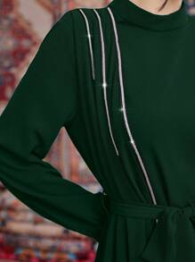 Modelyn 女式优雅闪光丝带腰部休闲朴素长袖连衣裙，秋季 - 墨綠色 - 查看 5