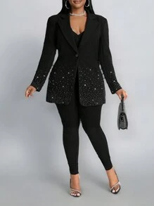 Slaydiva 新款情人节、新年派对、活动、时尚高端水晶装饰长袖纯黑色优雅休闲西装外套，女士款 - 黑色 - 查看 4