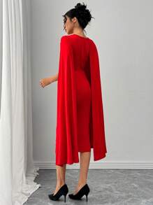 Rafferiza 优雅合身圆领荷叶边下摆长袖红色及膝性感派对礼服，圣诞节新年服装长款女装 - 紅色 - 查看 2