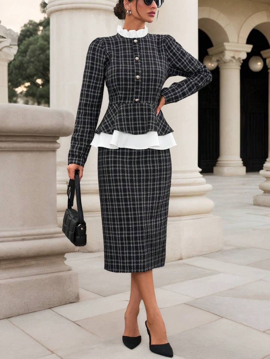 EURMUSE French Style, 2024 Jacket And A-Line Skirt Set, Elegant Suit With Romantic Ruffle Details - Black and White - View 1