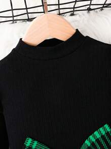 Young Girl 2 Pcs / Sets Cute Plaid Patchwork School Style Outfits , Ruffle Long Sleeve Mock Neck Knit Tee Top & Big Bowknot Detail Skirt,Great For Casual & Daily Wear & School Daily In Autumn & Winter, For Christmas