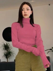 DAZY 女士纯色高领紧身 T 恤，适合秋季、圣诞节、春季、夏季长袖女上衣、秋季女装 - 玫紅色 - 查看 2