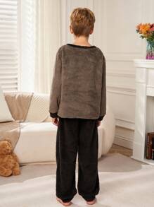 SHEIN Leap Crew 2pcs Tween Boys Game Controller Embroidered Colorblock Round Neck Long Sleeve Top & Soft Plush Lining Pajama Set For Autumn/Winter - Grey - View 2