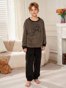 SHEIN Leap Crew 2pcs Tween Boys Game Controller Embroidered Colorblock Round Neck Long Sleeve Top & Soft Plush Lining Pajama Set For Autumn/Winter - Grey - View 4