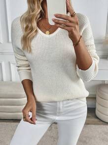 SHEIN Unity New V-Neck Bowknot Back Loose Casual Knit Pullover Sweater For Women Knit Pullover Fall Winter - Apricot - View 5