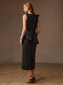 MOTF PREMIUM SOLID LAYERED RUFFLE TRIM PEPLUM WAIST MIDI DRESS - Black - View 3