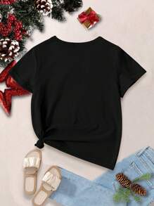 SHEIN 1 Piece Of Young Girl Casual Shiny New Year Greetings Pattern Printed Round Neck Short-Sleeved T-Shirt Suitable For New Year Family Party New Year Gift Family Matching Mommy And Me (4 Pieces Are Sold Separately) - Black - View 2