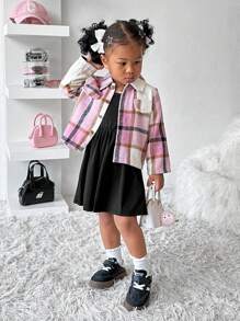 SHEIN Explorewe 2 piezas/set Camisa a cuadros y vestido de tela suave de punto para niñas bebé, estilo callejero retro casual, adecuado para otoño-invierno, actividades al aire libre, escuela - Rosa - Ver 6