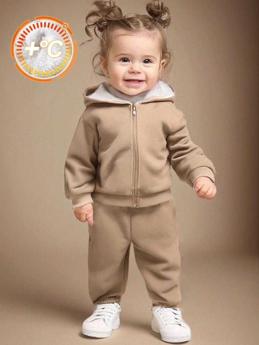 SHEIN Leap Crew 2pcs Baby Girls Casual Khaki Hoodie Sweatshirt And Elastic Waist Pants Set, Autumn/Winter - Khaki - View 1