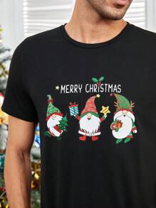 Manfinity Homme 圣诞三个小矮人印花常规版型休闲黑色男式 T 恤 - 黑色 - 查看 3