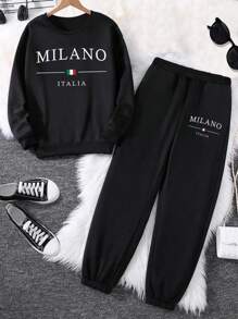 Flirla Conjunto deportivo de mujer de talla grande de sudadera de cuello redondo y pantalón de chándal con estampado de la letra Milán, de estilo casual y moda