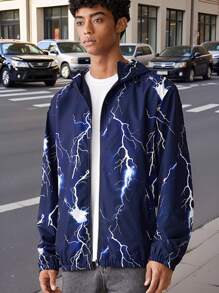 Manfinity VCAY Men's Woven Fashionable Casual Loose Fit Long Sleeve Hooded Jacket For Daily Wear,Sun Protection Waterproof Quick Drying,Blue,Lightning Pattern,Halloween Jakets&Coats