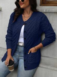 Cárdigan de talla grande de unicolor con bolsillos dobles, informal para otoño/invierno