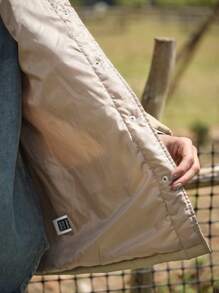 LanaWest Women Casual Khaki Round Neck Button Pocket Quilted Padded Padded Coat Clothes Winter