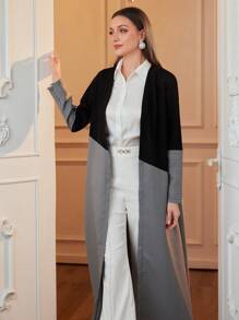 Al Najma Áo Abaya hở phía trước thanh lịch dành cho nữ với vải nhung kẻ và vải chắp vá kẻ caro, Áo Abaya Ả Rập dài tay hở giản dị thanh lịch, dành cho trang phục thường ngày/tiệc tùng - Xám - Xem 3