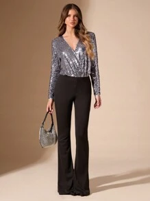SHEIN BAE Elegant Sequin Deep V-Neck Long Sleeve Bodysuit For Women, Suitable For Party, Club, Night Out In Autumn And Winter