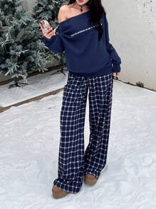 INAWLY Women Knit Casual Going Out Party English Print Loose Sweatshirt Set, Navy, Autumn/Winter Fall Cloth For Women - Navy Blue - View 5