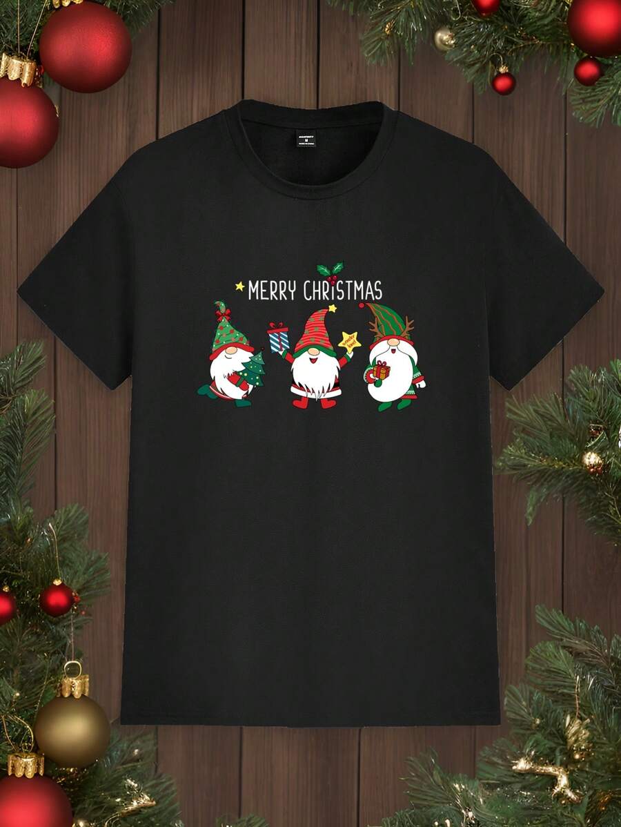 Manfinity Homme 圣诞三个小矮人印花常规版型休闲黑色男式 T 恤 - 黑色 - 查看 1