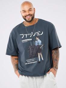 Manfinity VCAY Camiseta de manga corta de cuello redondo, suelta y casual con estampado de maleta, para talla grande, para salir - Gris - Ver 4