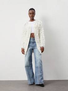 TRNVIE 1pc Women's Chic Casual Long Knitted Cardigan With Textured Fringe, White, Suitable For Party, Autumn/Winter - Beige - View 4